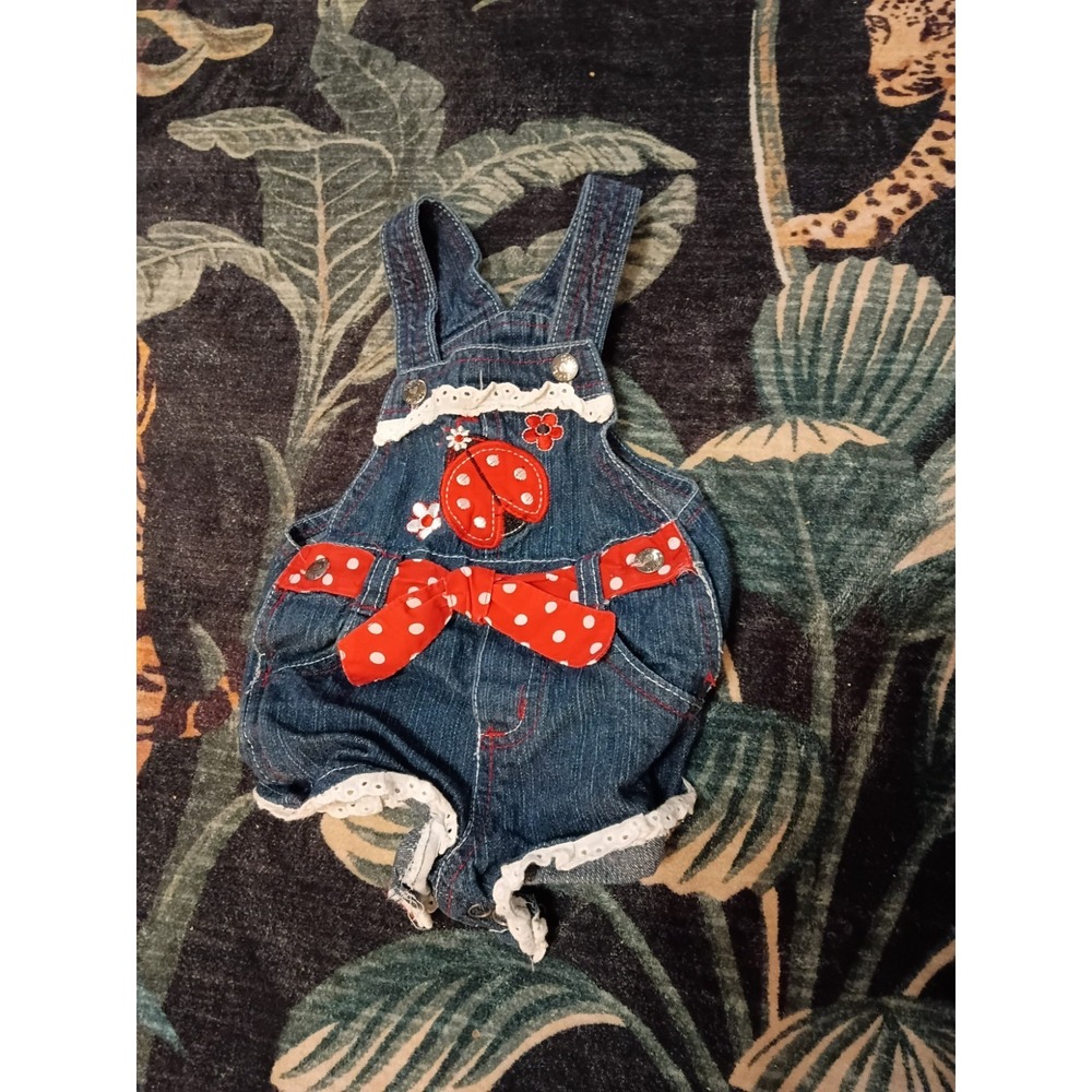 Vintage 2013 Ladybug Denim Overalls Romper Baby Girls Size 12 Months